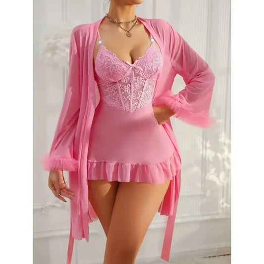 New Arrivals 2PCS Set 4 Colors Sexy Lace Mesh See-Through Nightgown Set Home Clothes Pure Desire Passionate Hot Invitation Home Clothes Set Ladies Sexy Nightdress Suit