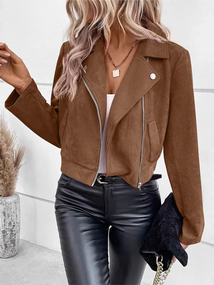 S-2XL US Size Women's Casual Lapel Zipper Jacket Imitation Deerskin Velvet Short Coat Winter Fashion Slim Women's Riding Short Jacket Casual Clothing Supplies