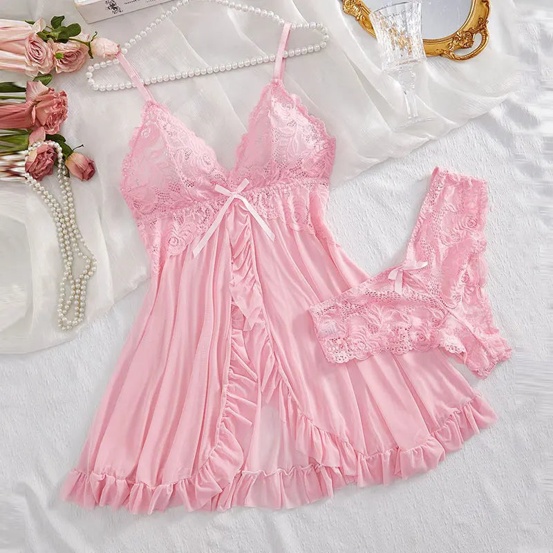 S-2XL 2PCS Set Of Tulle Ultra Sexy Nightgown 6 Colors V-Neck Bra Open Sleep Skirt Night Erotic Dress Woman Sheer Pajamas Lingerie Pants Luxury Set