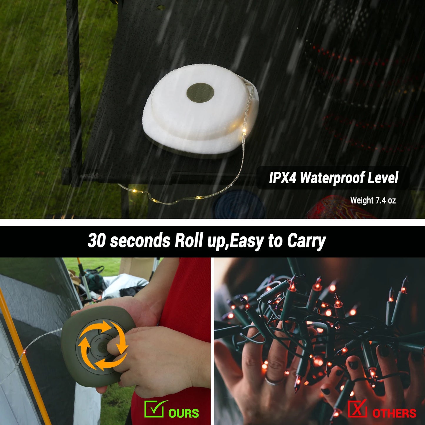 Camping String Lights,33Ft Light with Lanterns (2 in 1 Design),Camping Lights 2000mAh,IPX6 Waterproof,Rechargeable Flashlights