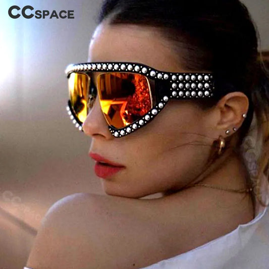 Luxury Space 45448 Goggles Sunglasses Women Luxury Shades Pearl Glasses Frame Red Mirror Glasses Oversized UV400 Brand Glasses Female Eyewear Supplies Sunglasses Products