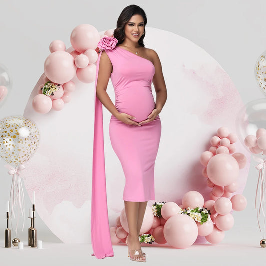 NEW S-XL Maternity Pink One Shoulder 3D Floral Floating Sleeve Bodycon Summer Midi Dress for Baby Shower Photoshoot Evening Party Formal Dress
