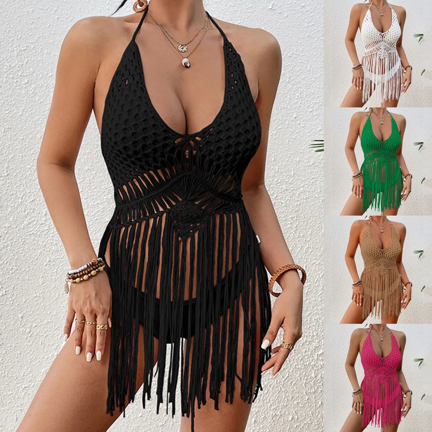 Beach Wear Women Summer Sexy Hollow Hanging Neck Knit Beach Dress Fashion Tassel Splicing Swimsuit Bikini Beach Cover Up