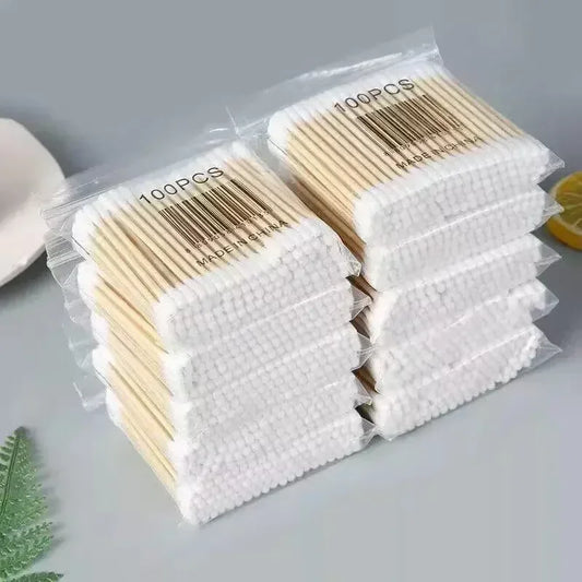 500 PCS Set Bamboo Cotton Swabs with Wooden Sticks, Double Round Tips, Biodegradable Cotton Buds Multi-Purposes Cleaning Hygiene Supplies