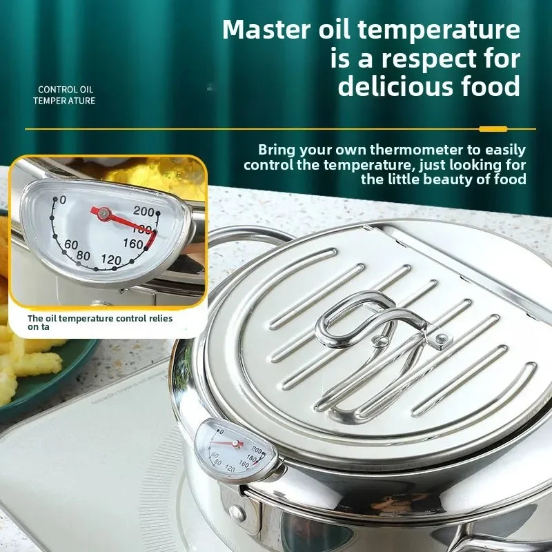 Japanese Deep Frying Pot with a Thermometer and a Lid 304 Stainless Steel Kitchen Tempura Fryer Pan 20 24 cm
