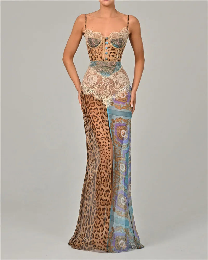 Blue/Coffee Color Sexy Leopard Lace Split Sexy Maxi Dress Women Gown Elegant Patchwork Chiffon Sleeveless Backless Beach Evening Party Dress