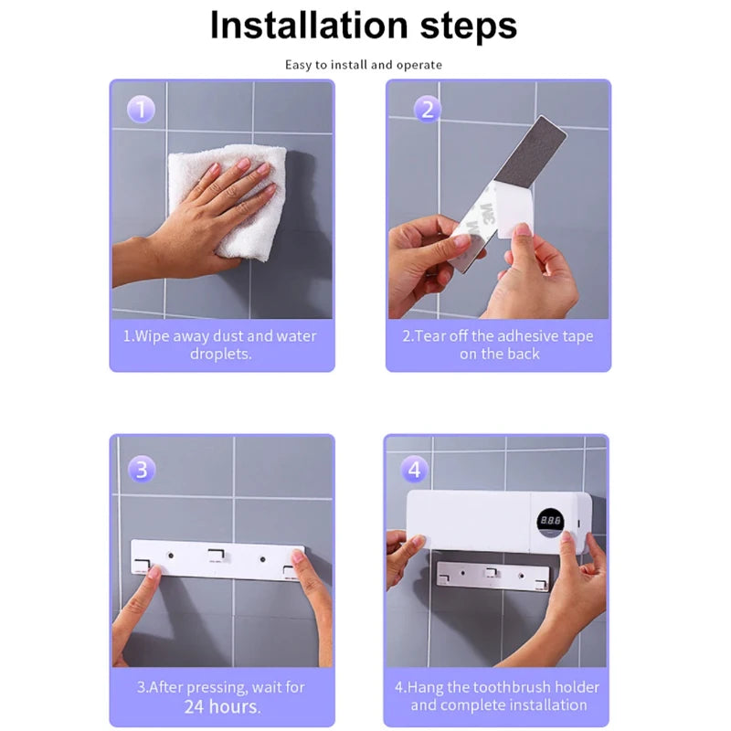 3 PCS Set Electric Toothbrush Sterilizer UV Toothbrush Sterilizer USB Charging Wall Mounted Bathroom Toothbrush Holder Digital Display