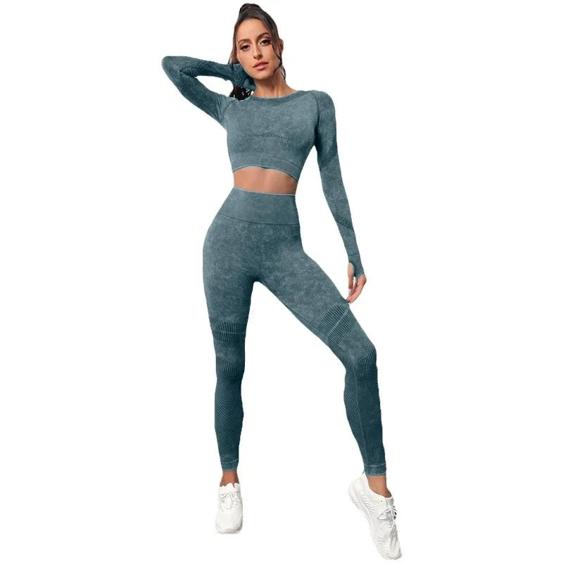 Seamless Yoga Sets Women Workout Sportswear Gym Clothing Long Sleeve Crop Top High Waist Leggings Workout Fitness Sports Suits