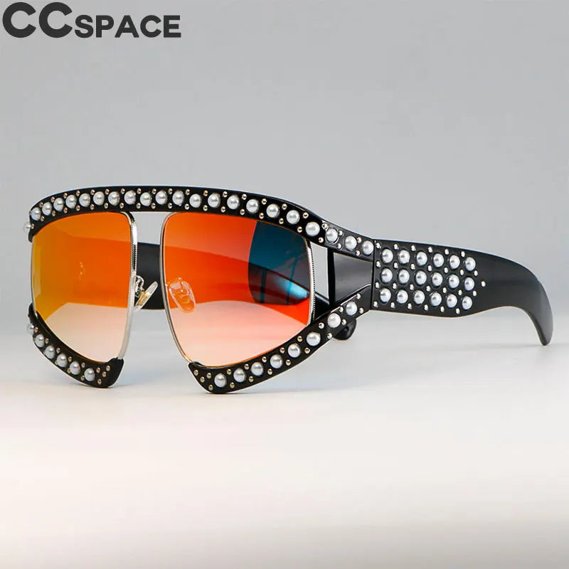 Luxury Space 45448 Goggles Sunglasses Women Luxury Shades Pearl Glasses Frame Red Mirror Glasses Oversized UV400 Brand Glasses Female Eyewear Supplies Sunglasses Products