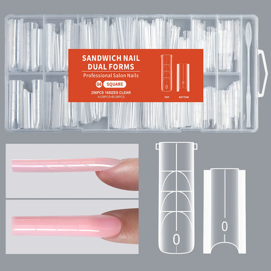 256 PCS Set 16 Size Long Coffin Sandwich Nail Dual Forms Almond Stiletto Square Nail Mold for Quick Nail Extension 16size Sandwich Nails Form