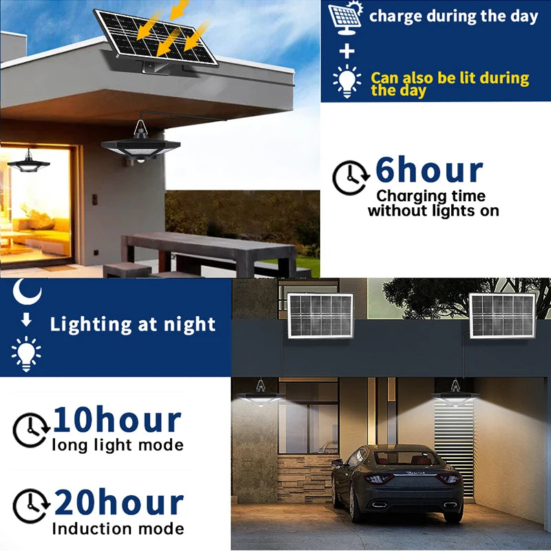 Motion Sensor Solar Pendant Lights Outdoor Indoor 228LED Shed Light with Motion Sensor 3 Lighting Modes Waterproof for House Gazebo Lamp