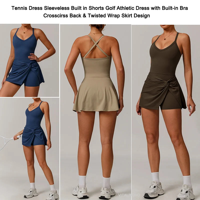 S-XL 5 Colors Women Tennis Dress with Shorts Underneath Workout Dress with Built-in Bra Deep V Neck Athletic Dresses Golf Dress