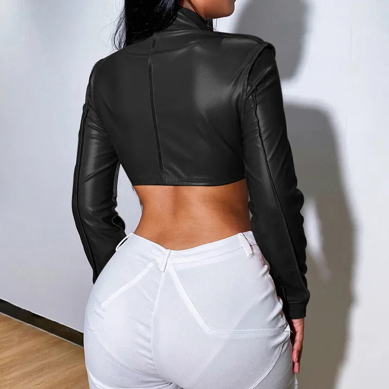 Black/White/Brown Color S-XL UK Size Leather Crop Jackets Women Zippers Sexy Solid Spring Autumn Imitation Leather Design European Style Fashion Chic Office Lady Sexy  Leisure