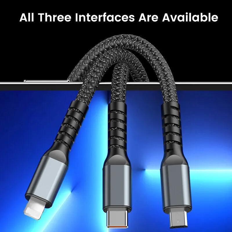 3 In 1 100w Transparent Fast Charging Cable Type C USB Micro For iPhone Samsung Huawei Xiaomi Pilot Lamp Charger USB C 6A
