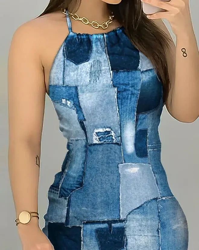 NEW Arrivals S-2XL Women's Denim Dresses Summer Fashion Denim Look Casual Outfit Halter Backless Sleeveless Daily Mini Tied Detail Summer Beach Party Dress
