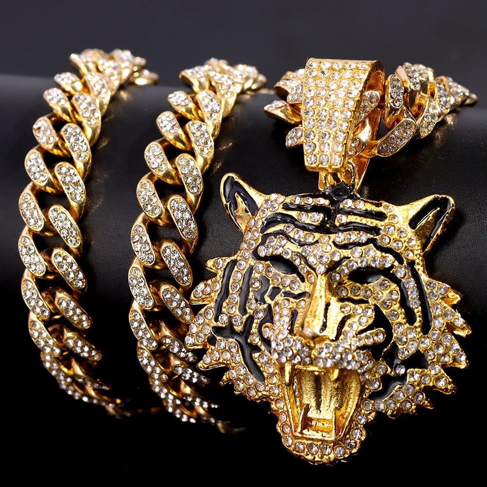 Luxury Rhinestones Gold/Silvery Color Hip Hop Tiger Head Pendant Necklace for Men Women, Iced Out Rhinestone Cuban Link Chain, Animal Bling Jewelry Gifts