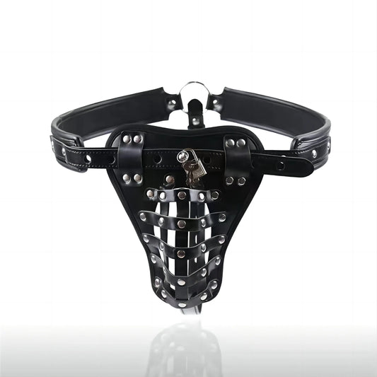 Adult BDSM PU Leather Male Chastity Cage Belt Device Pants Underwear Lock Penis Rings Bondage Erotic Sex Toys for Men Adults Games