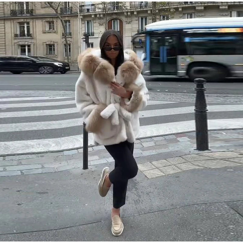 UK Size White/Gray/Brown/Black Color Hoody Mink  Fur Furry Coats Women Fashion Belt Long Sleeve Pocket Thicken Warm Jacket Autumn Winter Urban Lady Streetwear