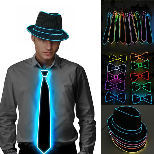 Light Up Men's Hat Bow Ties and Ties Luminous Glowing Top Hat for Fluorescent Night Club Dance Stage Show Props Rave Party Performances Costumes Accessories