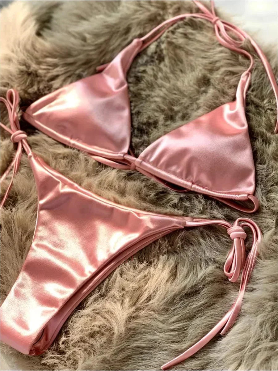 18 Colors UK Size Halter Brazilian Metallic Satin Bikini Women Swimwear Female Swimsuit Two-pieces Bikini Set High Cut Bathing Suit Swim Beachwear