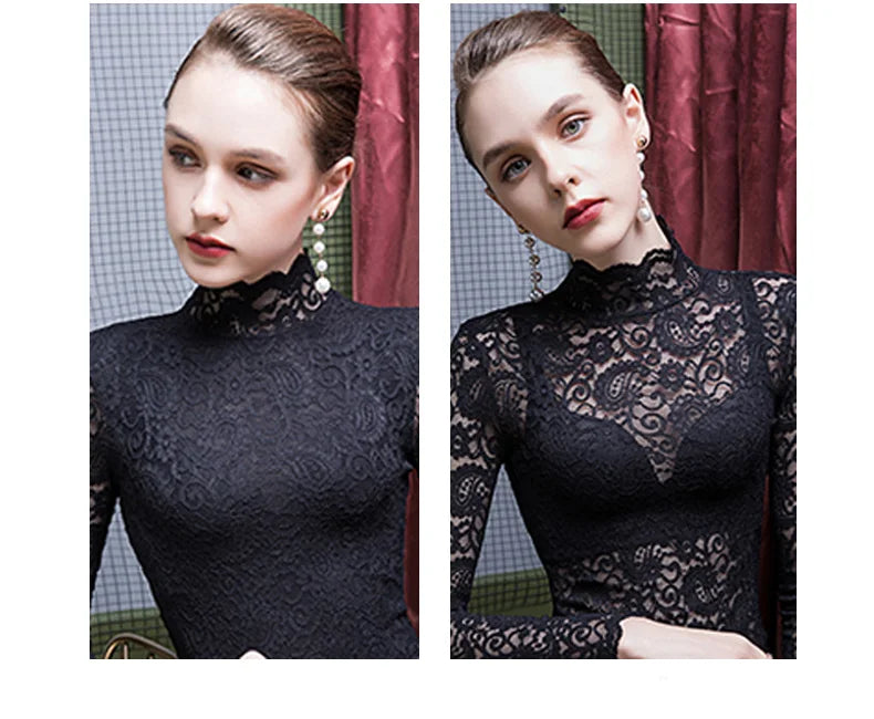 NEW Arrivals S-2XL UK Plus Size 4 Colors Autumn Winter Women Warm Bottoming Pullover Tops Elegant Mock Neck Long Sleeves Shirt Flower Hollow Out Women Lace Blouse