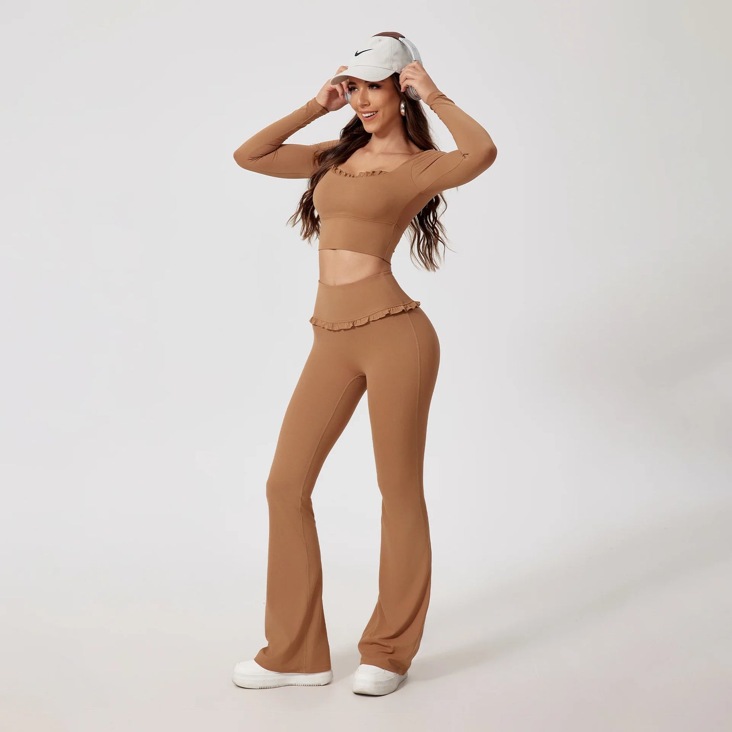 2PCS Set S-XL 6 Colors Naked Square Neck Yoga Set Sports Fitness High Waist Nude Quick-drying Long-sleeved Outdoor Running Workout Clothes Gym Suit