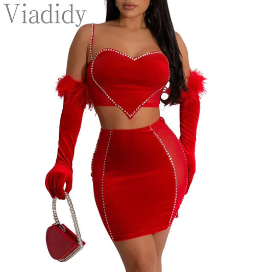 NEW Arrivals UK Big Size Black/Red  2PCS Set Luxury Velvet Women Sexy Solid Color Sheer Mesh Patchwork Velvet Top and High Waist Skirt Girls Ladies Sexy Fashion Clothing Products