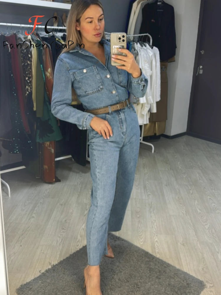 Spring New Women's Pants Suit Fashion Vintage Casual Temperament Long Sleeve Straight Leg Exquisite Denim Jumpsuit Female