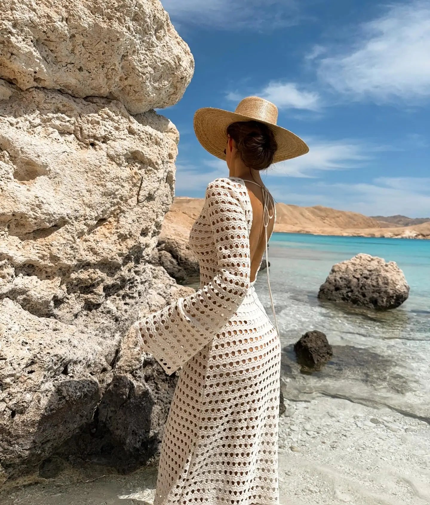 NEW Sexy Handmade Beige Knit Mesh Backless Long Bell Sleeve Beach Maxi Dress Women's Summer Slim Outfits Vacation Swimsuit Cover Up Tunic K205