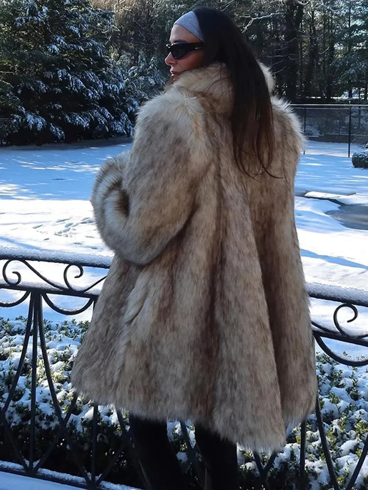 Low-Price Sales are Limited Luxurious Female Women Fashion Lapel Faux Fur Midi Coat Winter Warm Snow Street Long Sleeve Oversize Cardigan Thick Jacket Outerwear Girls Ladies Luxury Fashion Clothing Supplies