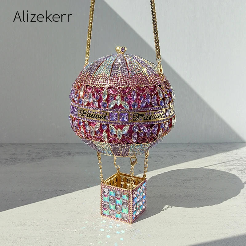 5 Colors  Hot Air Balloon Shaped Crystal Evening Wedding Party Luxury Bags Women Luxury Classy Unique Rhinestone Circular Clutch Purses Wedding Party