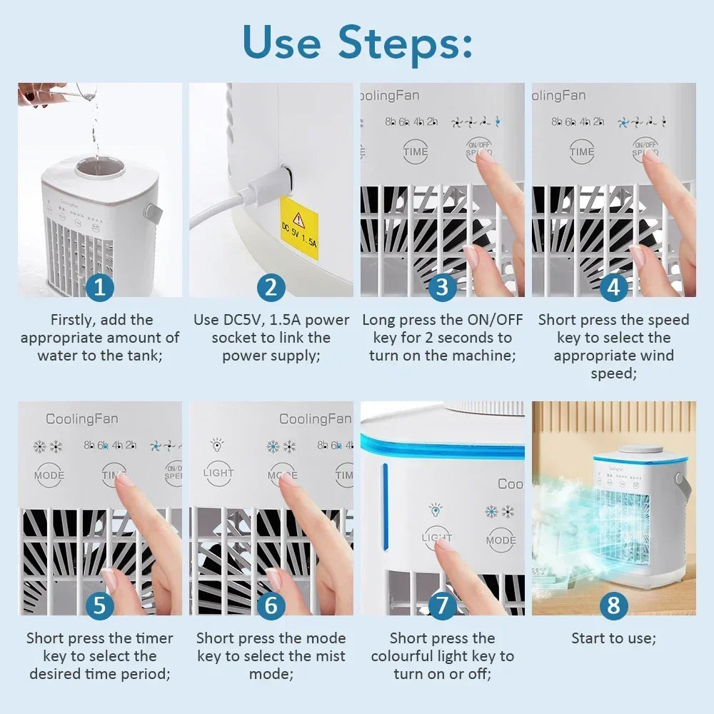 Home Office Air Conditioner Portable Fan Desktop Dual Spray Ultrasonic Atomization 3/4-Speed Mute Air Cooler Night Light for Outdoor Camping Beach Picnic Cooling Supplies