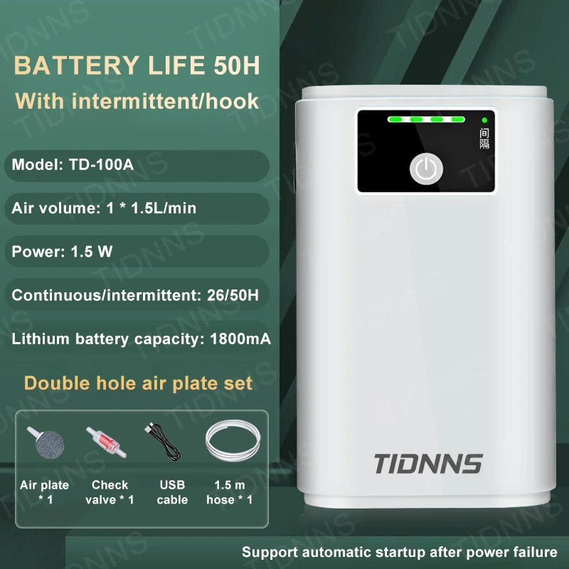 Aquarium Fish Tank Oxygen Pump 100/200/300 Stone & Plate Charging Dual-Purpose Air Pump USB Lithium Battery Household Portable Fishing Mute 6000mA Indoor Outdoor