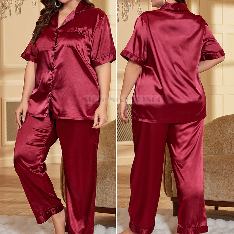 NEW Arrivals 2PCS Set XL-5XL Plus Size 12 Colors Shirt-Pants Female Long/Short Sleeve Pajamas Set Spring Summer Silk Satin Sleepwear Trouser Pajamas Suit Loose Curvy Ladies Girls Luxury Home Wear Fashion Apparel Supplies