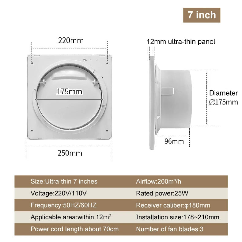 4/6/7 inch Air Ventilator Ultra-Thin Panel Pressurized Exhaust Fan Bathroom Kitchen Waterproof Air Purifier Wall Window Duct Smoke Odors Removal Extractor Fan