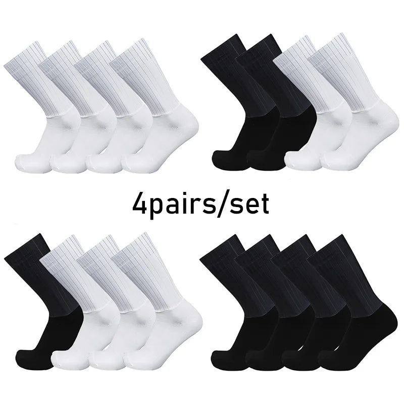 NEW Arrivals 4 Pairs Set Aero Pure Color Cycling Sports Socks Silicone Non-slip Pro Racing Bicycle Socks Summer Cool Calcetines Ciclismo Sports Apparel Accessories Clothing Supplies