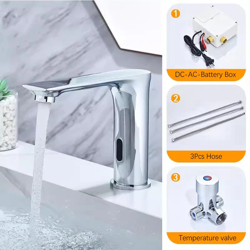 NEW 3 Colors Automatic Sensor Touchless Bathroom Faucet, Modern Basin Faucet for Sink 1 Hole, Waterfall Single Hole Bathroom Sink Faucet Home Bathroom Kitchen Washing Accessories