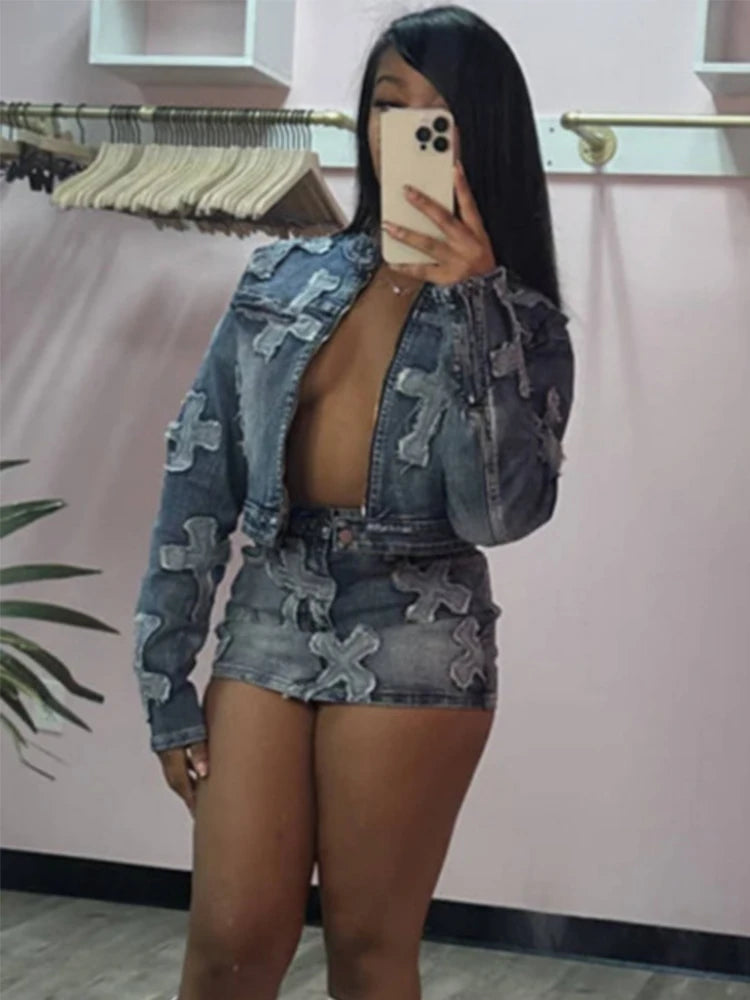 2 Piece Denim Sets Women Outfits Spring Long Sleeve Zipper Jacket and Mini Skirt Set Sweet Sexy Outfits