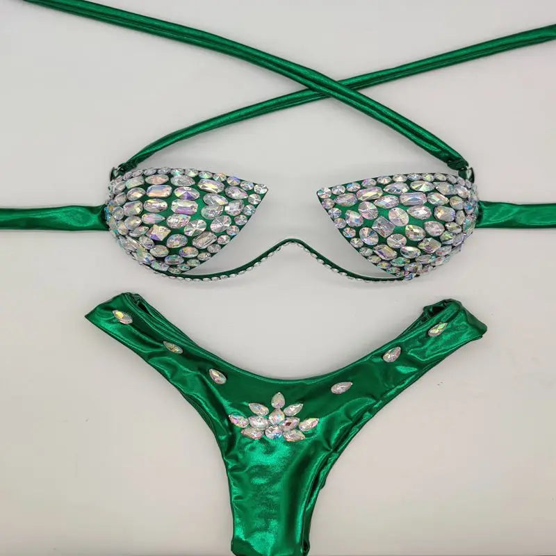 Sexy Halter Crystal Swimwear Women Push Up Bikinis Rhinestone Diamond Luxury Women Bathing Suits Bandage Female Swimsuits