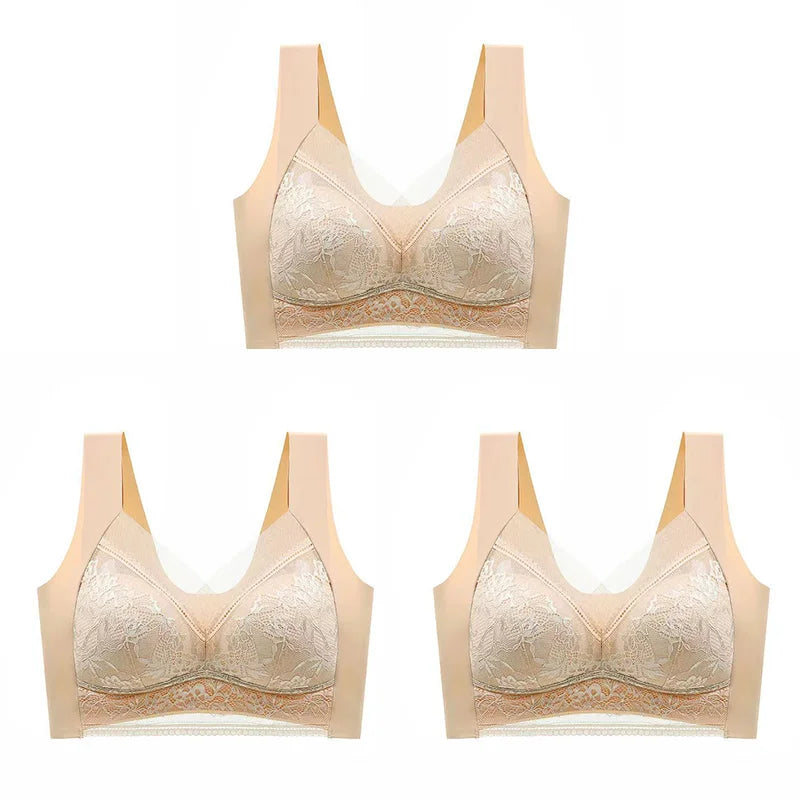 NEW Arrivals 3PCS Set L-(45-50KG) 5XL(100KG) Women Lace Bra Bralette Push Up Perspective Ice Silk Deep V Bra Sexy Lingerie Tops Plus Size Cup Mom's Underwear Chubby Ladies Underwear