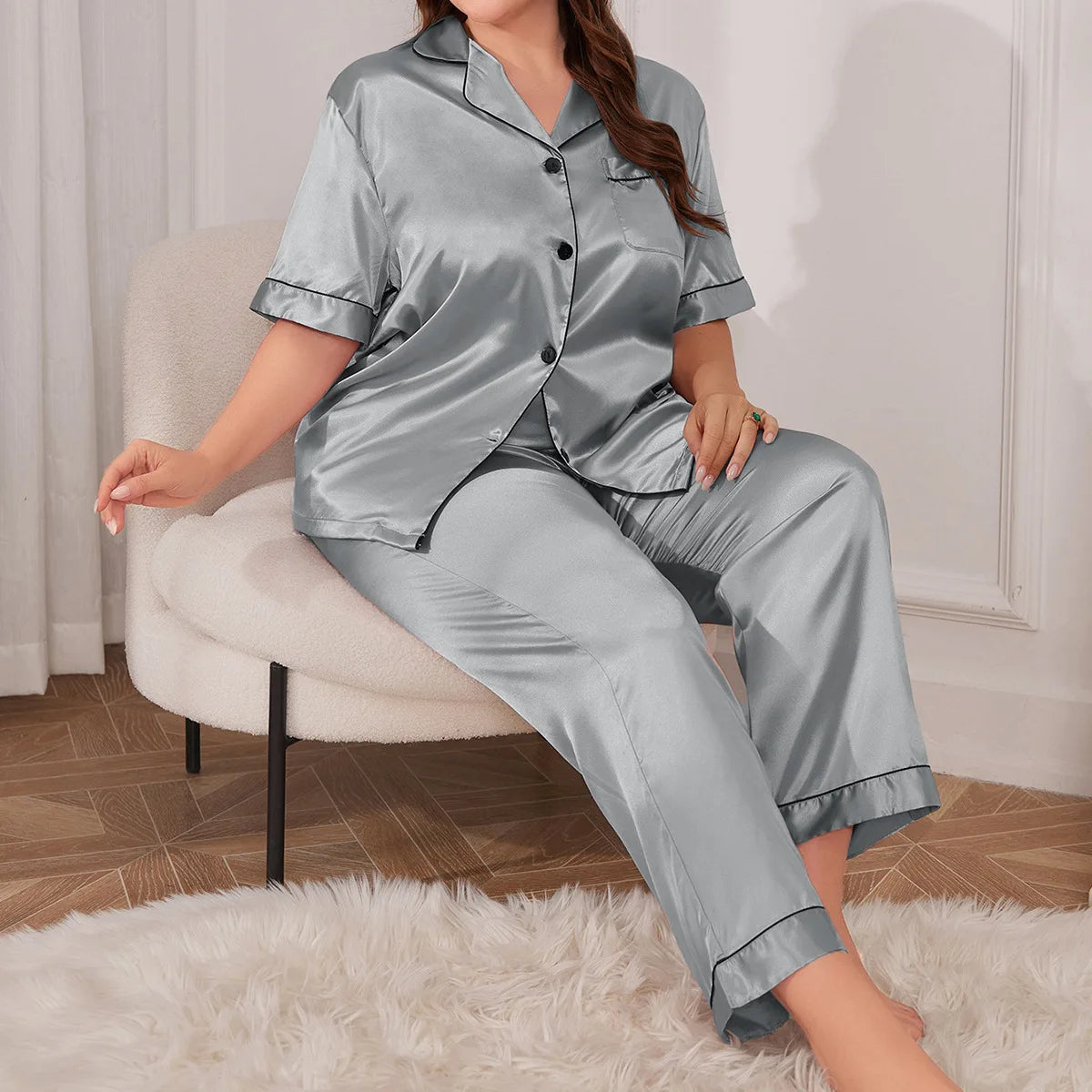 NEW Arrivals 2PCS Set XL-5XL Plus Size 12 Colors Shirt-Pants Female Long/Short Sleeve Pajamas Set Spring Summer Silk Satin Sleepwear Trouser Pajamas Suit Loose Curvy Ladies Girls Luxury Home Wear Fashion Apparel Supplies