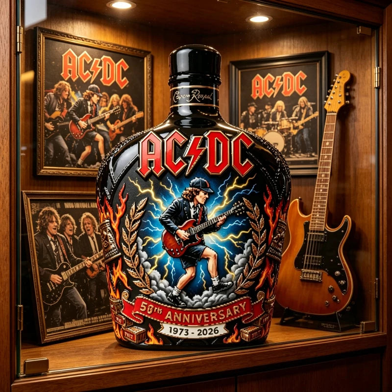 AC/DC Angus Young Lovers 50th Anniversary Collectible Whiskey Bottle 1973-2026 Rock Band Themed Liquor Bottle Collectible Home Bar Decor Gift Pubs Night Club Barware Supplies