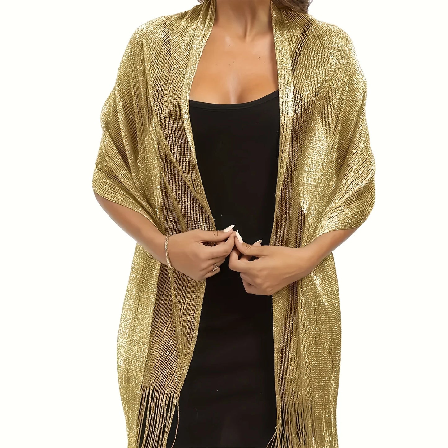 NEW Arrivals Black/Gold Fashion Bright Silk Sunscreen Shawl Hijab Gold  Shiny Scarves For Women Lace Tassel Party Evening Dress Scarf