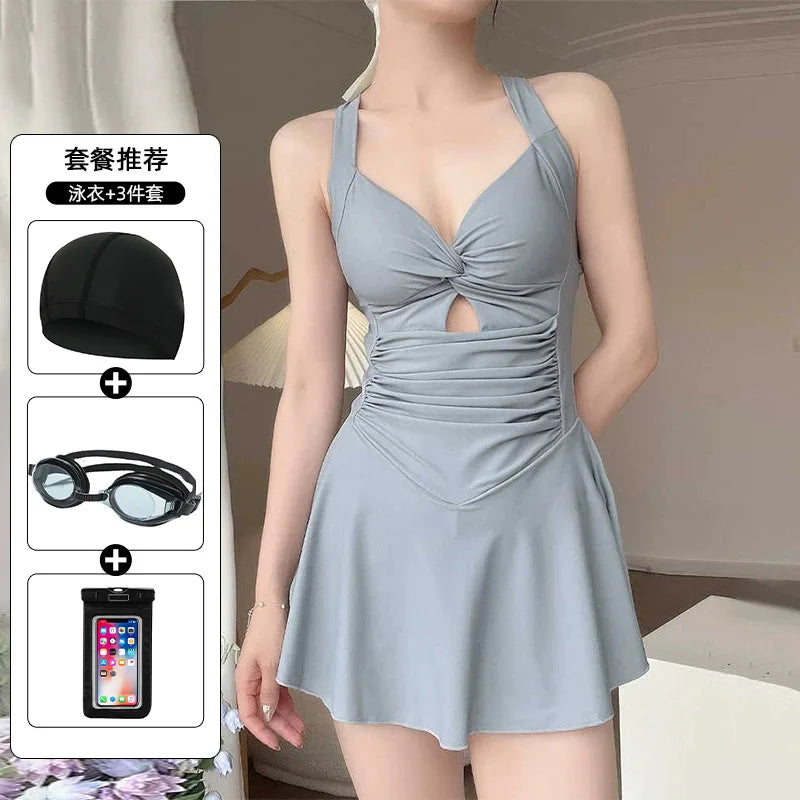 4 PCS Set Women's Swimsuit Dress + Swimming Cap + Goggles + Mobile Phones Bag + Nose Clip Earplugs Conservative Slimming Korean Style Sporty Hot Spring Swimming Suit Pure Color Skirt Style Gathered Bathing Sets