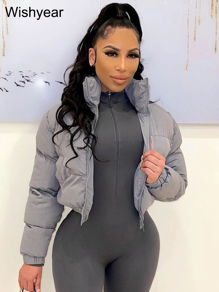 S-2XL UK Plus Size 3 Colors Winter Thick Warm Cotton Down Jacket Women Clothing Gray Zipper Short Puffer Parkas Coats Outwear Female  Crop Tops Streetwear