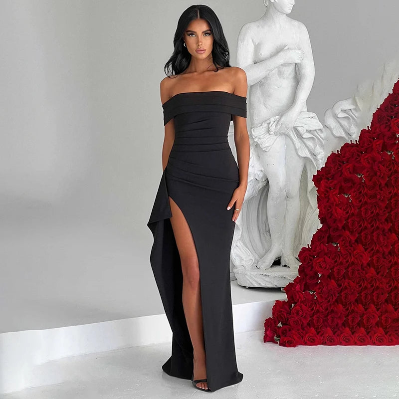 Fashion Solid Color Slash Neck Black High Slit Sexy Formal Champagne Slit Slim Elegant Dress Wrap Dresses For Wedding Guest