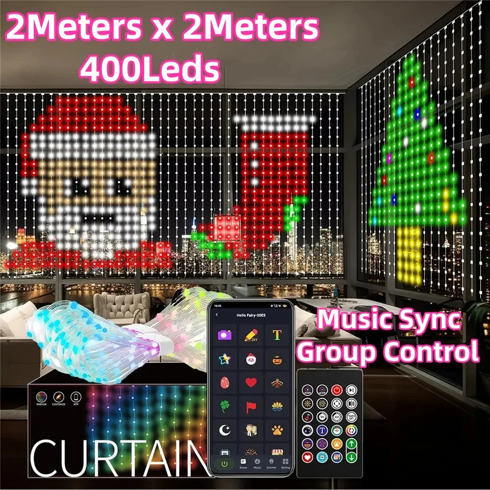 Ai Smart Window Curtain Lights 400LEDs Smart Curtain Lights DIY Text LED String RGB Waterproof Fairy Lights Music Sync Display for Window Bedroom Wedding Party Shops Night Clubs Decor