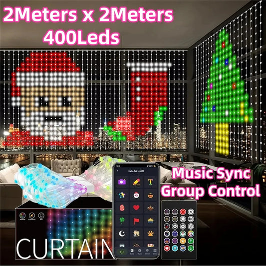 Ai Smart Window Curtain Lights 400LEDs Smart Curtain Lights DIY Text LED String RGB Waterproof Fairy Lights Music Sync Display for Window Bedroom Wedding Party Shops Night Clubs Decor
