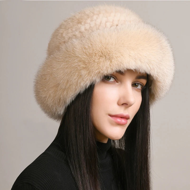 New Arrivals Real Mink Fox Fur Siberian Style Women Girls Winter Warm Snow Clothes Accessories Supplies Luxury Knitted Bomber Hat Natural Fox Fur Cap Quality Soft 100% Genuine Mink Fur Hats Female Ladies Luxury Fashion Clothi