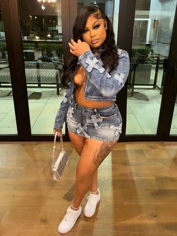 2 Piece Denim Sets Women Outfits Spring Long Sleeve Zipper Jacket and Mini Skirt Set Sweet Sexy Outfits